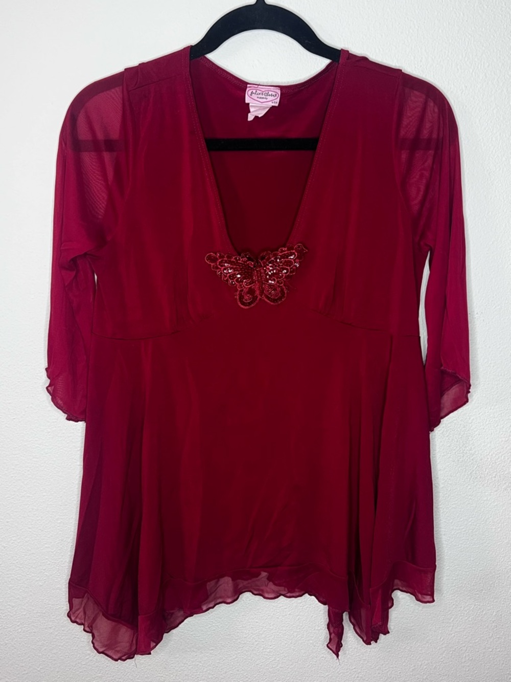 julie's closet Red Sheer V-Neck Tunic with Butterfly Accent